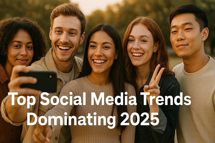 Close-up of friends posing for a selfie outdoors, illustrating top social media trends for 2025